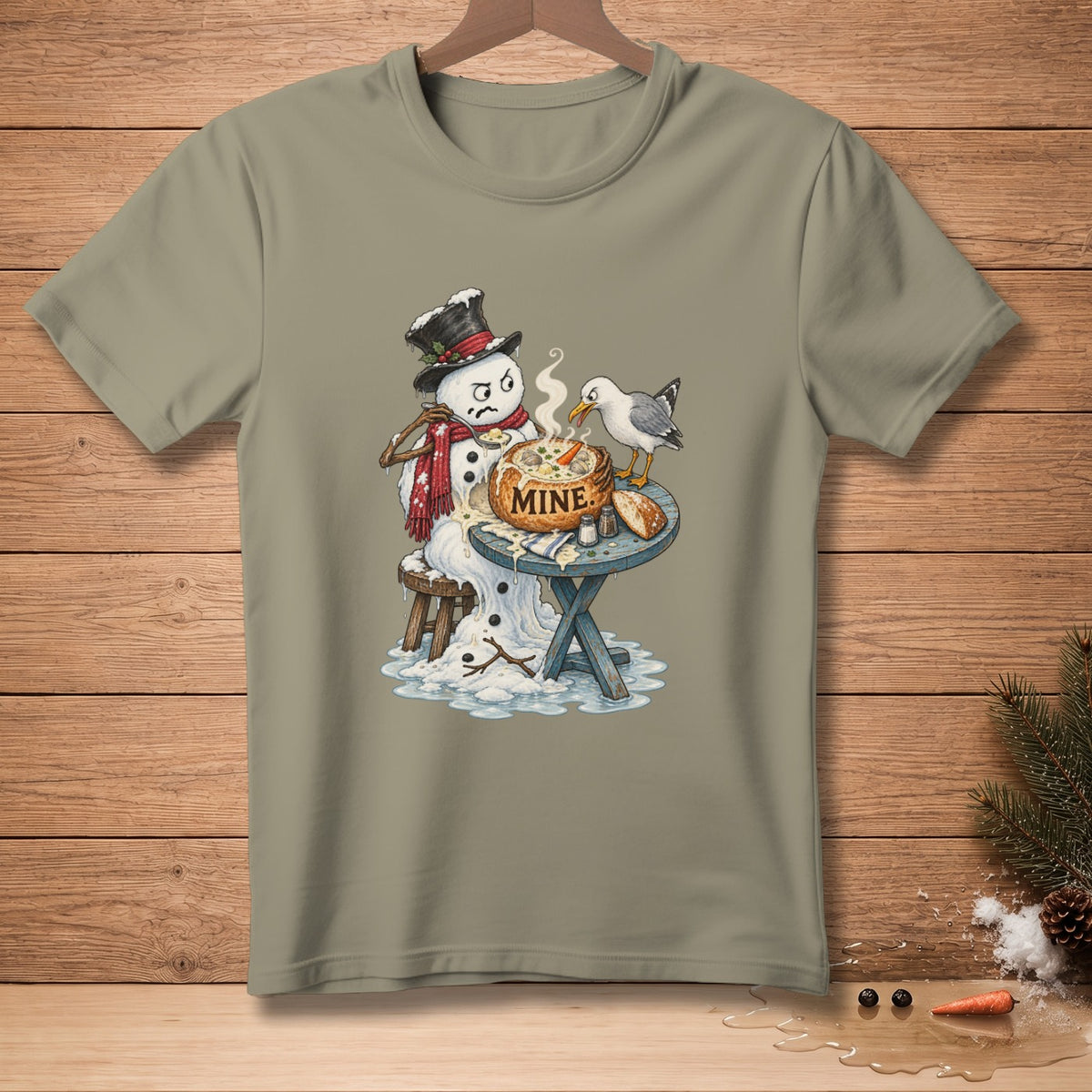 Melting snowman in top hat eating soup, while a seagull tries to steal it.