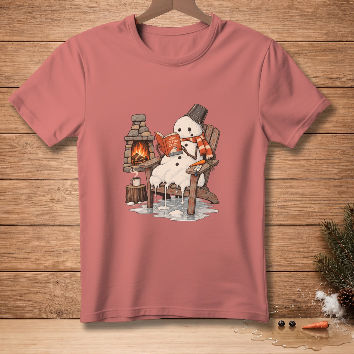 Melting snowman reads "How to Stay Cool" book in chair by fireplace.