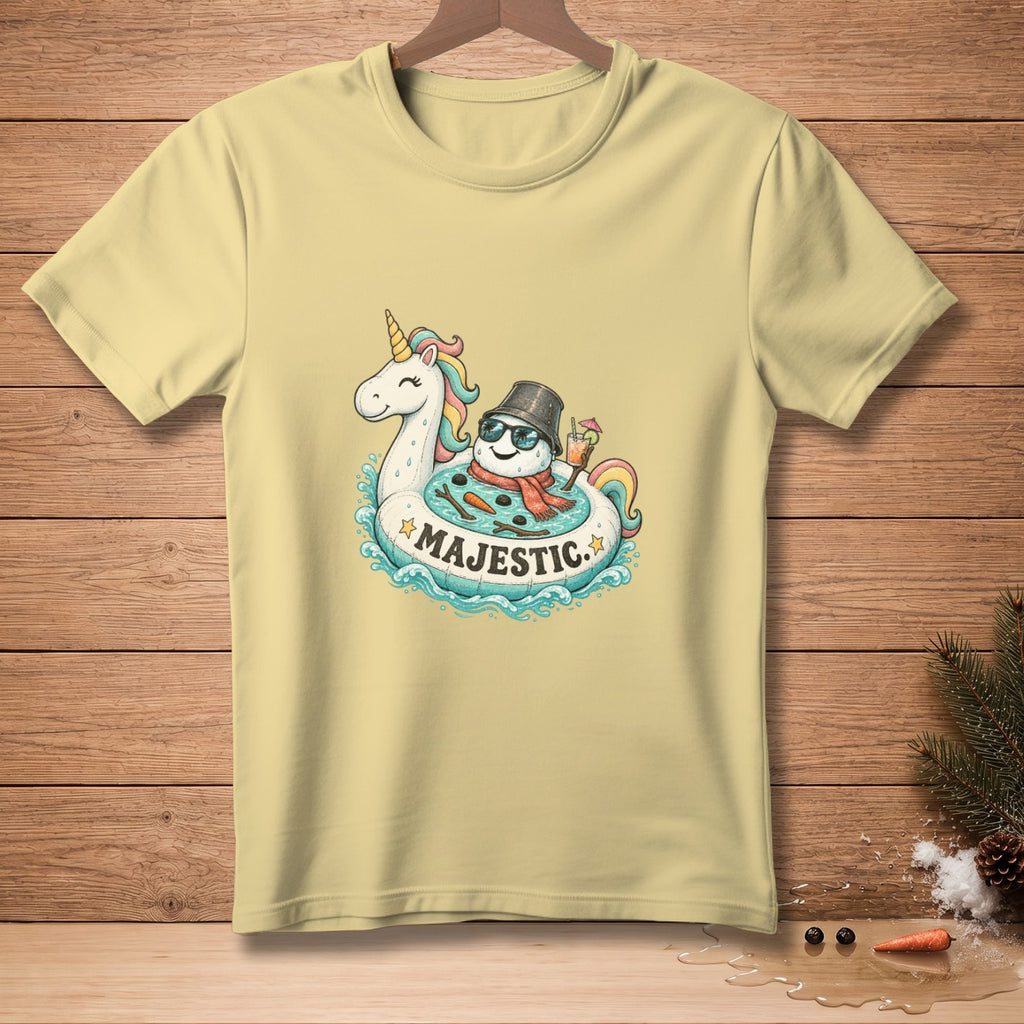 Yellow t-shirt with a cartoon unicorn and snowman on an inner tube, saying "Majestic."