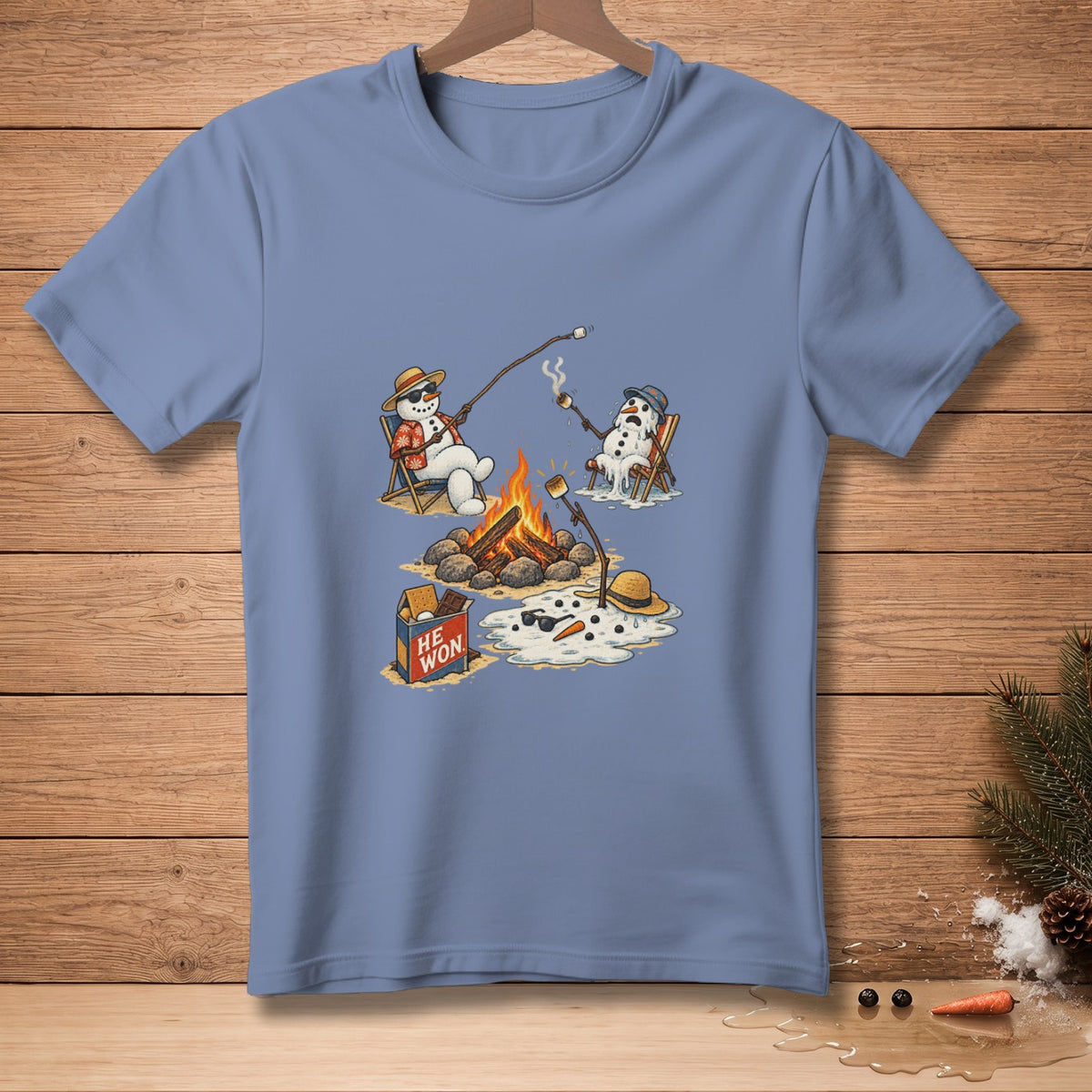 Melting snowmen roasting marshmallows by a campfire, one says "HE WON".