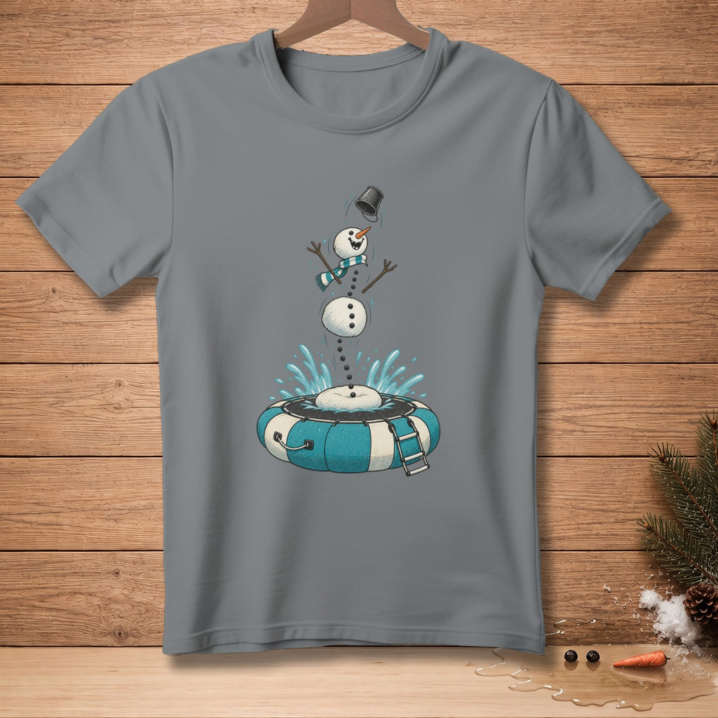 Snowman melting into inner tube with water splashes on grey t-shirt.