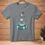 Snowman melting into inner tube with water splashes on grey t-shirt.