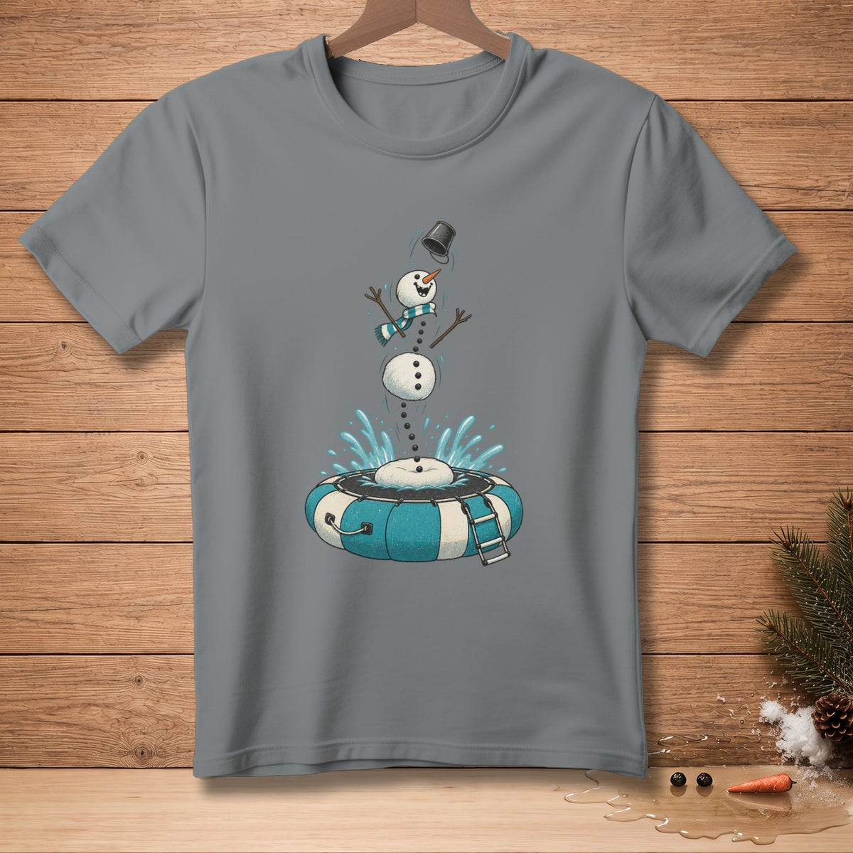 Snowman melting into inner tube with water splashes on grey t-shirt.