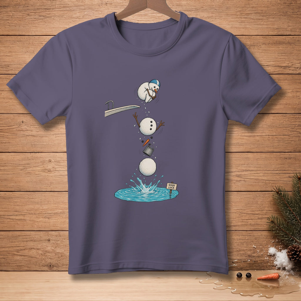 Snowman jumping off diving board into water, with "Good Luck" sign.