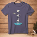 Snowman jumping off diving board into water, with "Good Luck" sign.