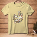 T-shirt with illustration of snowmen enjoying self-care in a hot tub and lounge chairs.