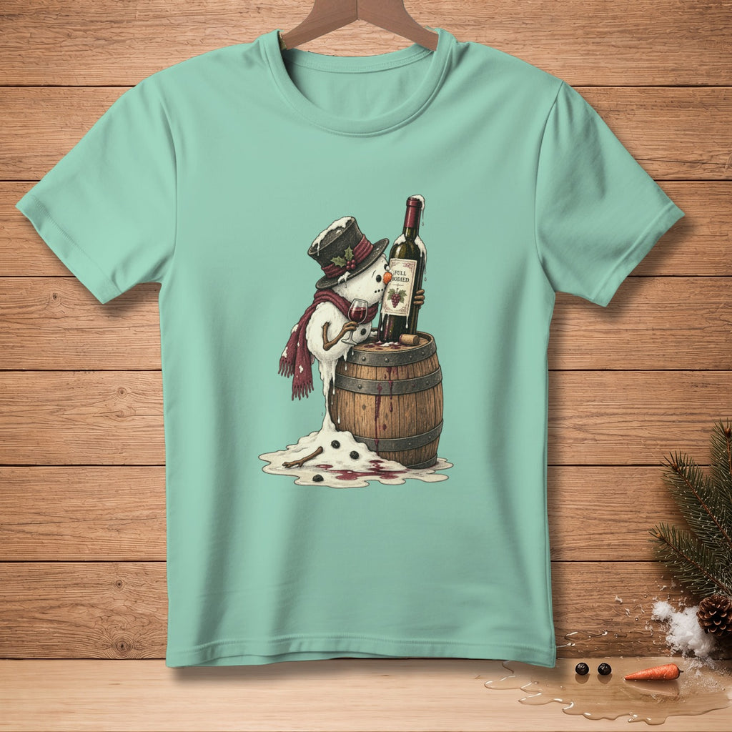 Mint t-shirt with a melting snowman in a top hat holding a wine bottle.