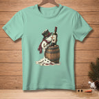 Mint t-shirt with a melting snowman in a top hat holding a wine bottle.