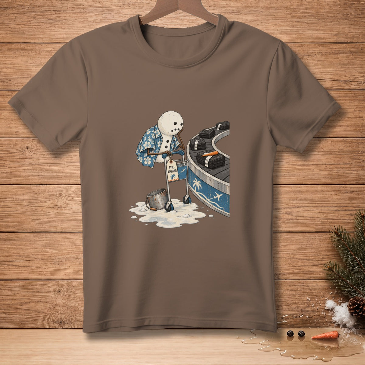 Snowman with a sign that reads "Still Waiting" at an airport baggage claim.
