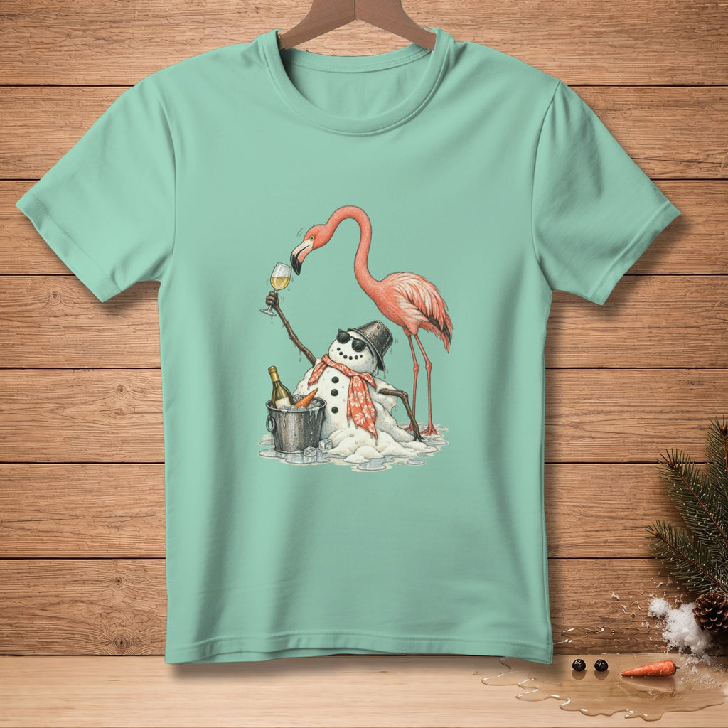 Flamingo shares a drink with a melting snowman wearing sunglasses and a hat.
