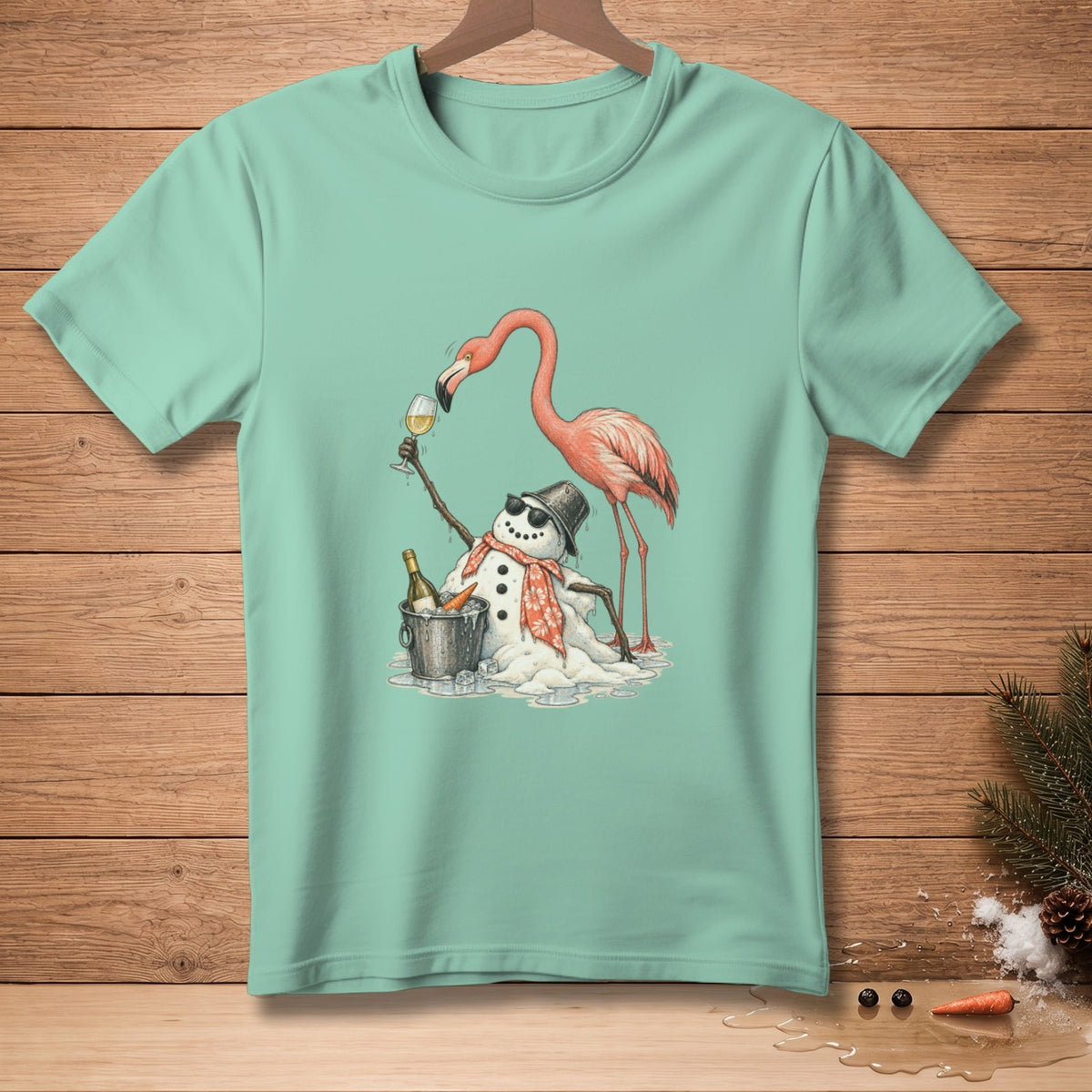 Flamingo shares a drink with a melting snowman wearing sunglasses and a hat.