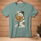 Melting snowman with hat eats a loaded potato with "LOADED" text.