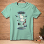 Snowman floating upward through a grate with a sign that reads "I'm Flying".