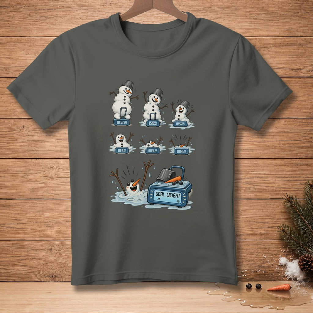 Melting snowmen on scales show decreasing weights, ending at goal weight.