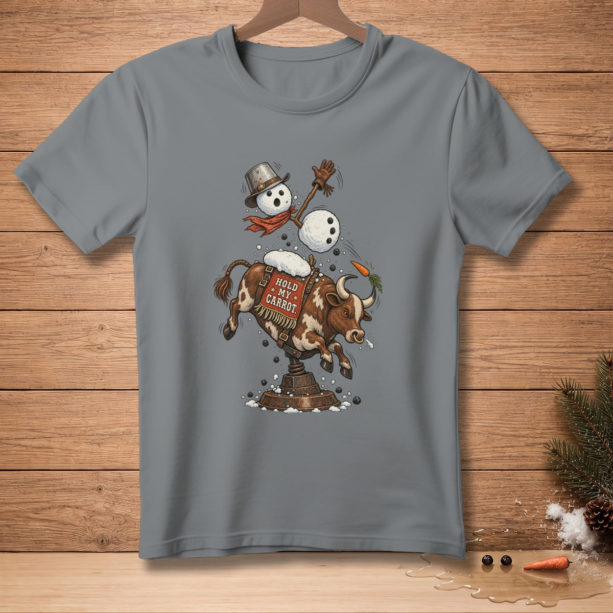 Snowman riding bucking mechanical bull with text "Hold My Carrot."
