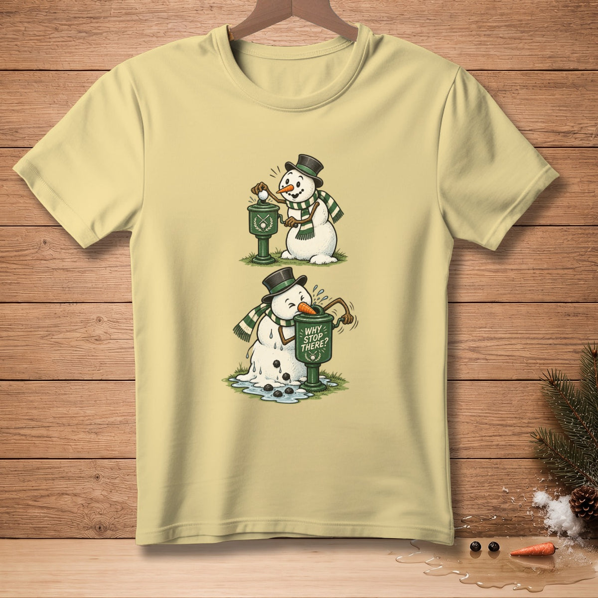 Snowmen in top hats and scarves playing golf; one melting.