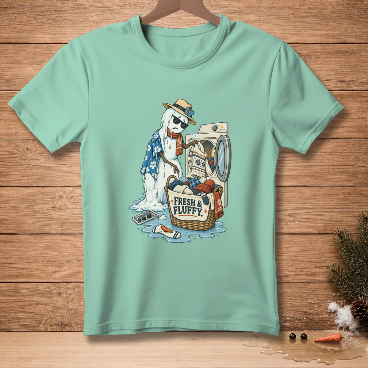 Melting snowman in Hawaiian shirt and sunglasses at a washing machine with laundry basket.