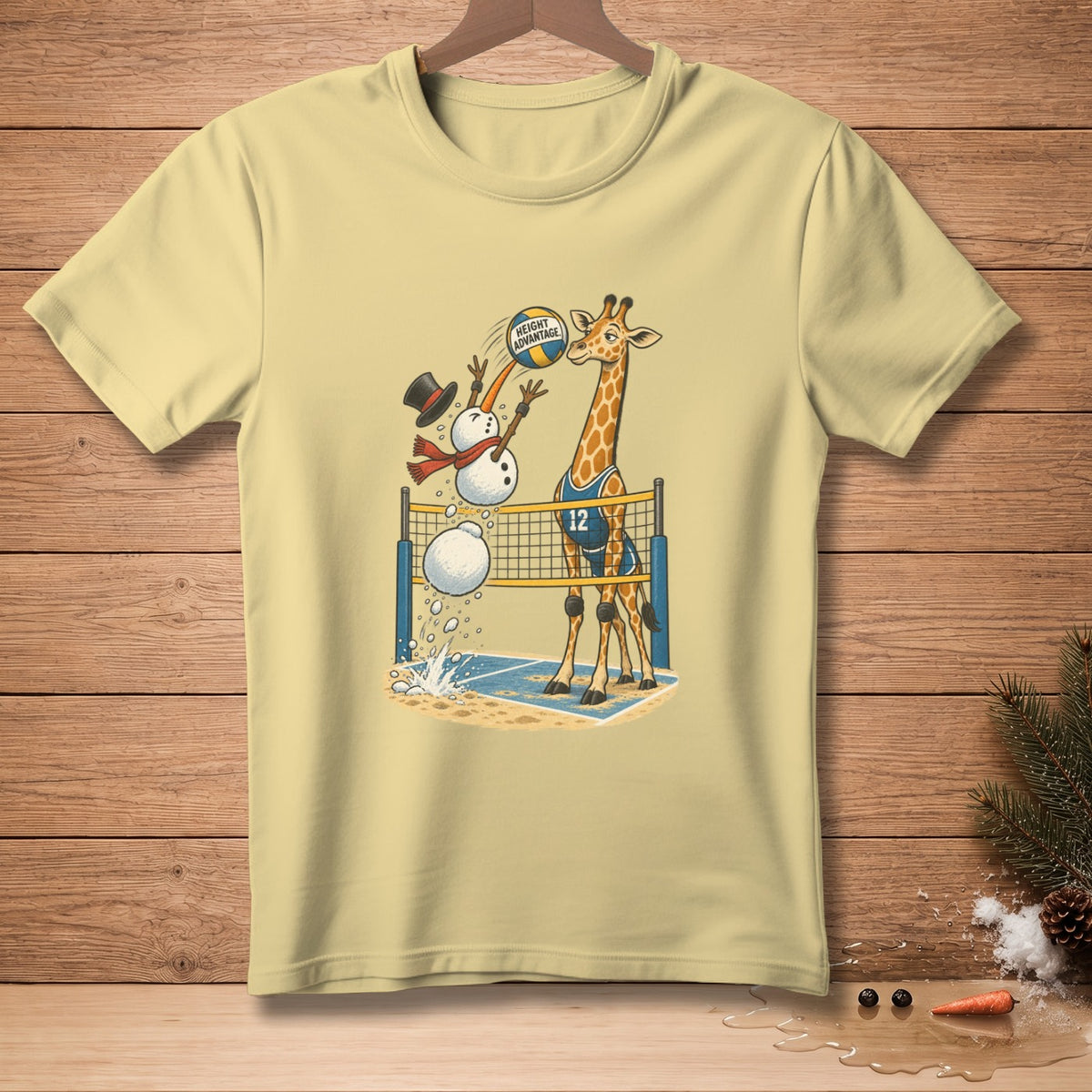 Snowman and giraffe playing volleyball on a beach court, with "Height Advantage" on the ball.