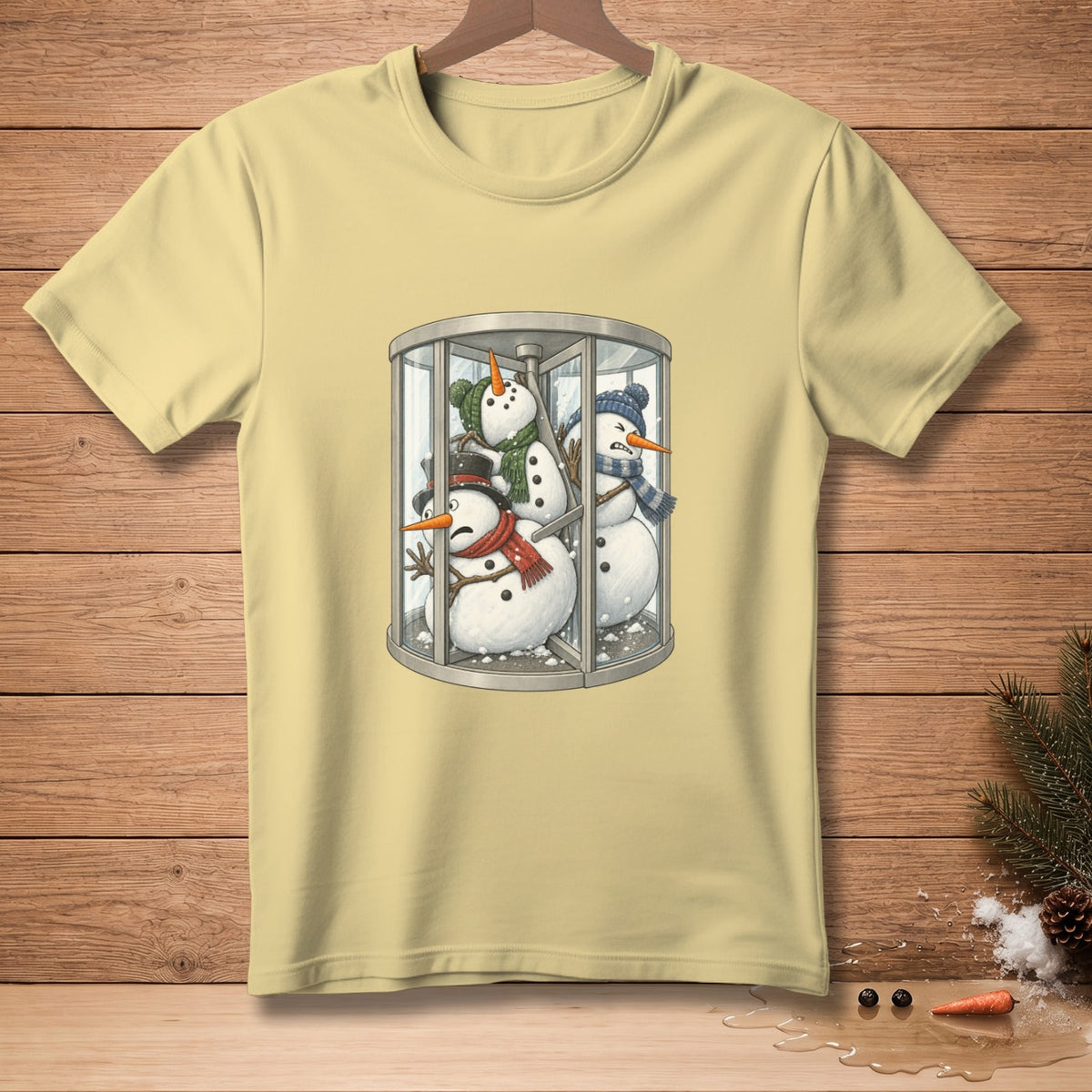 Three snowmen wearing scarves and hats are crammed inside a revolving door.