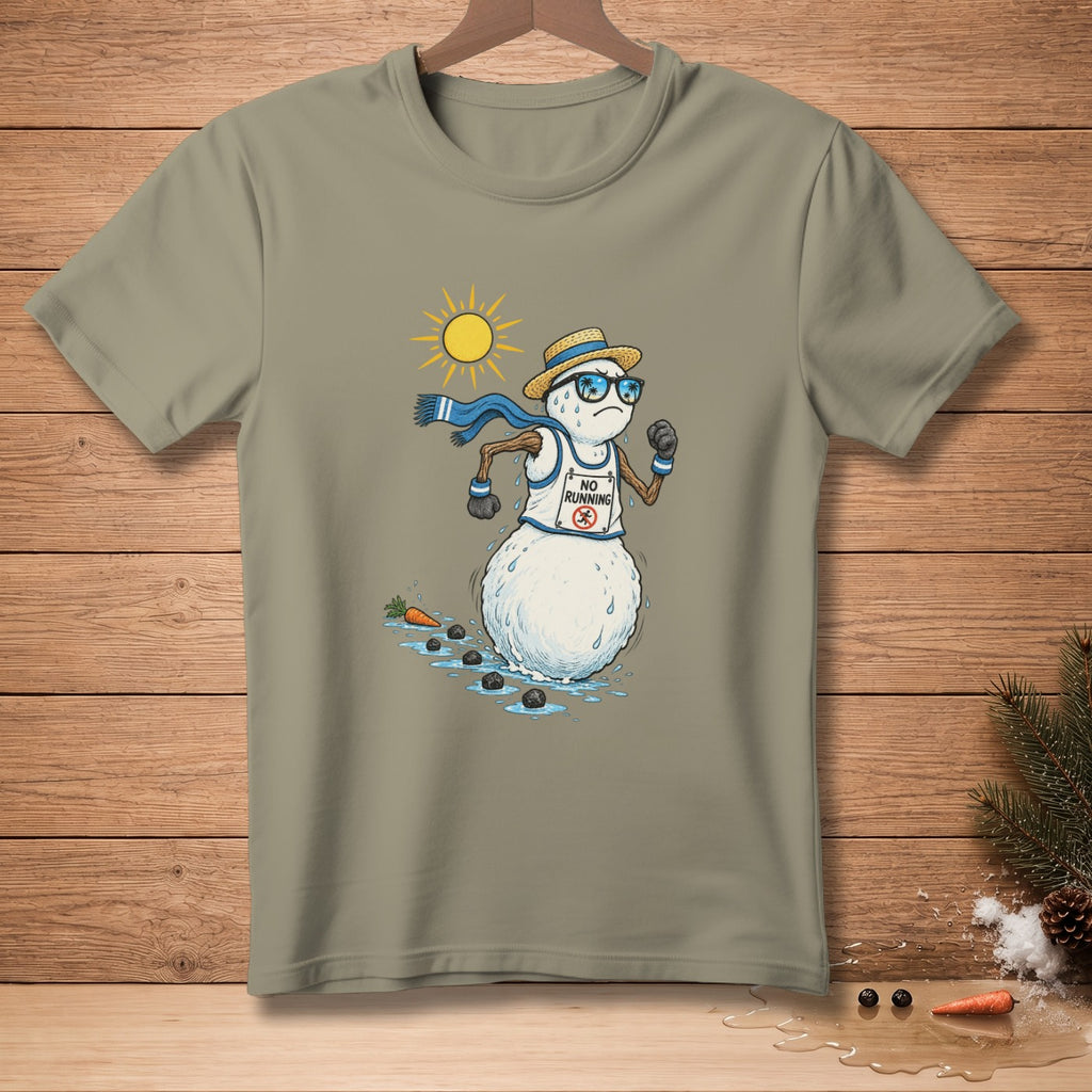 Melting snowman in athletic wear runs under a hot sun, wearing sunglasses and a scarf.