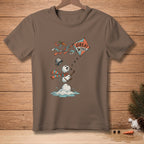 Melting snowman and kite with text "Great Wind" on brown t-shirt.