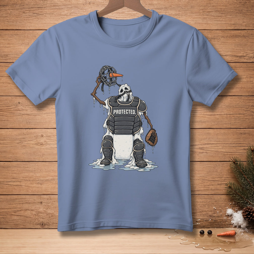 Melting snowman catcher with "PROTECTED." text on chest protector.