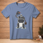 Melting snowman catcher with "PROTECTED." text on chest protector.