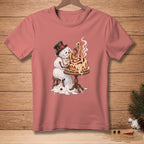Snowman in a top hat eating a large cinnamon roll with "Worth It." bib.