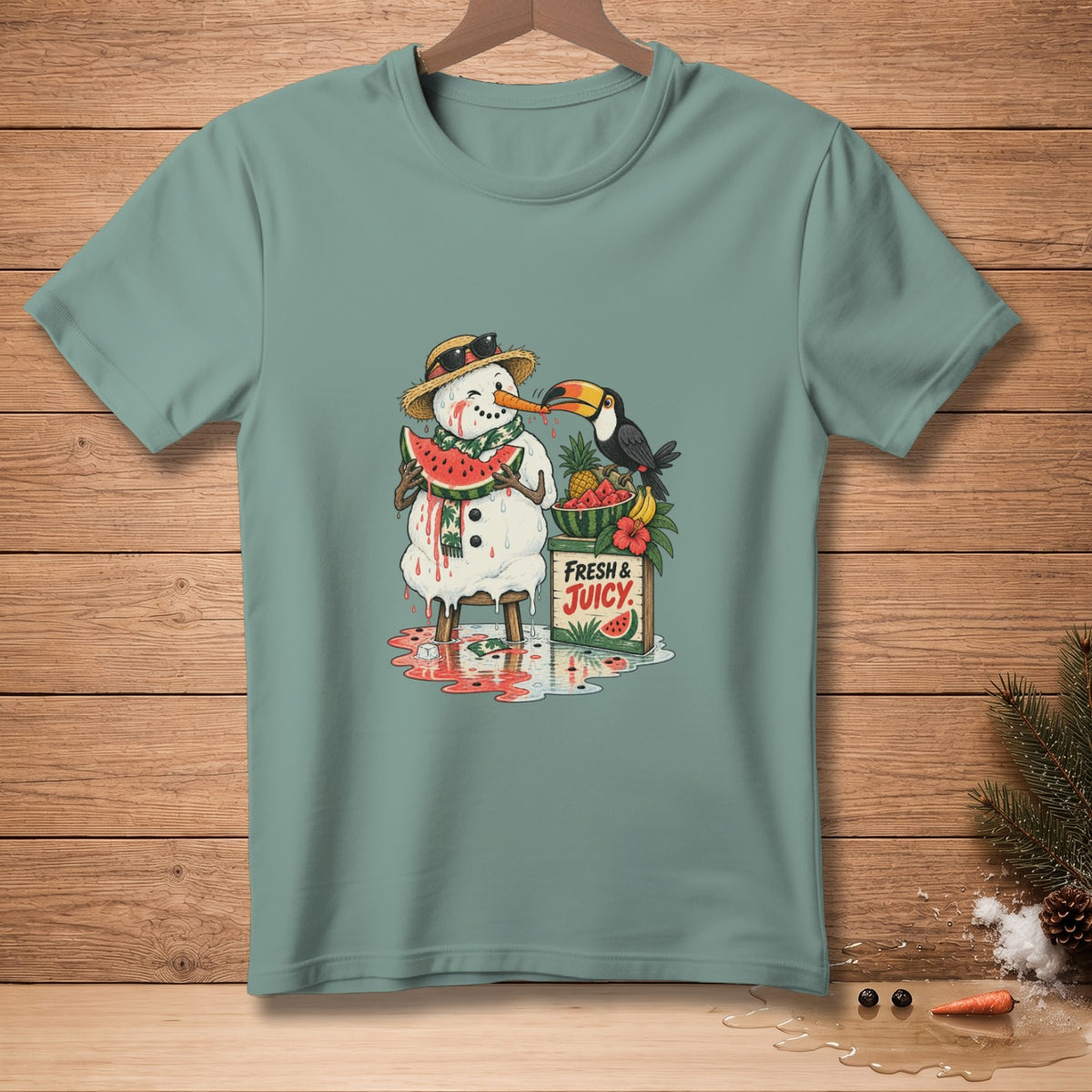 Melting snowman eating watermelon with toucan and tropical fruit crate.