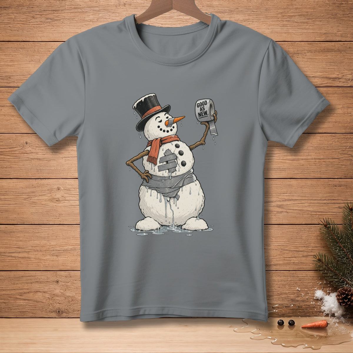 Melting snowman with a top hat, scarf, and toilet paper roll labeled "GOOD AS NEW".