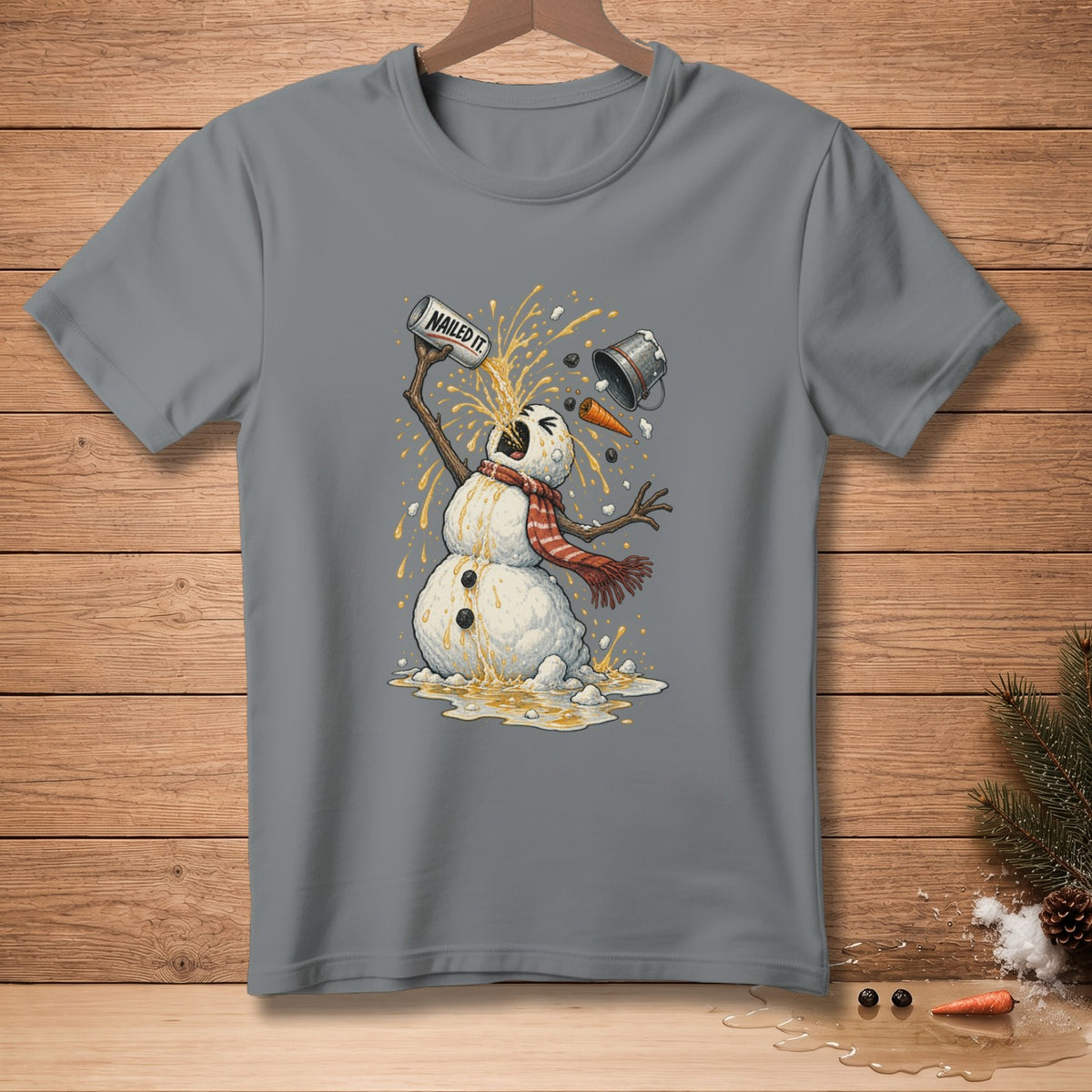 T-shirt with a snowman spilling a drink with "NAILED IT" text.