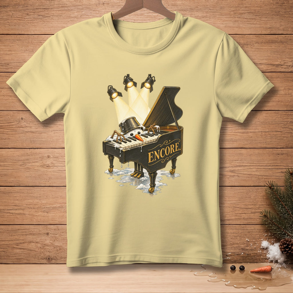 Snowman playing a grand piano with "Encore" text under spotlights.