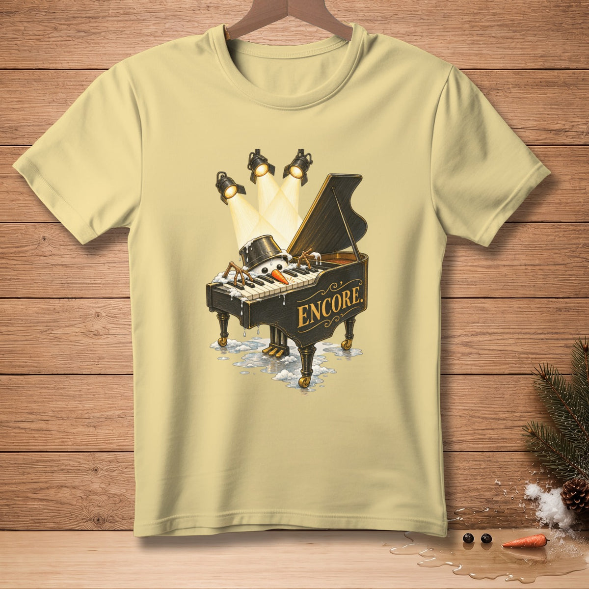 Snowman playing a grand piano with "Encore" text under spotlights.