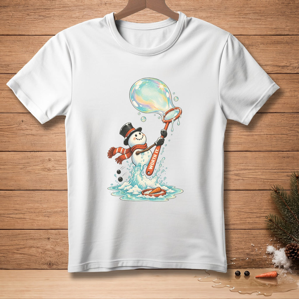 Snowman blowing large bubble, text "WORTH IT." on bubble wand.