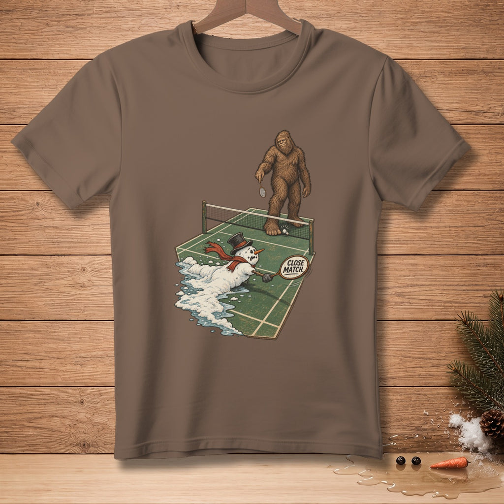 Bigfoot plays ping pong against a melting snowman on a tennis court.