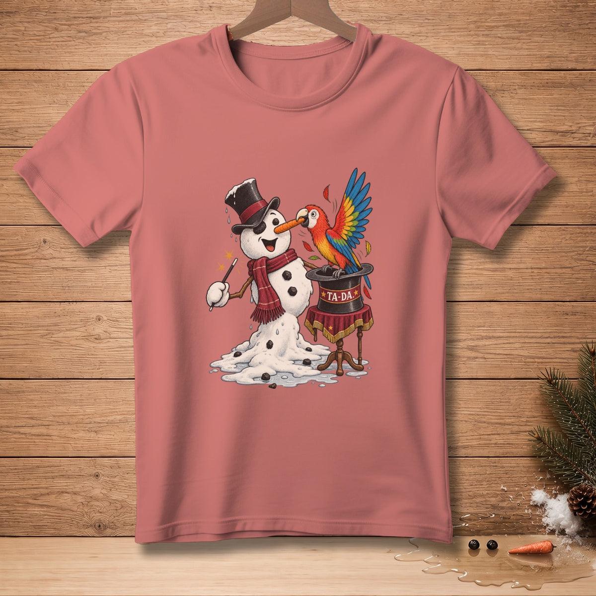 Melting snowman with scarf and top hat performs magic trick with parrot.