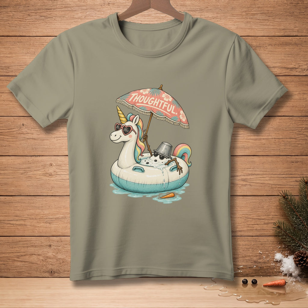 Unicorn and melting snowman on an inflatable tube under "THOUGHTFUL" umbrella.