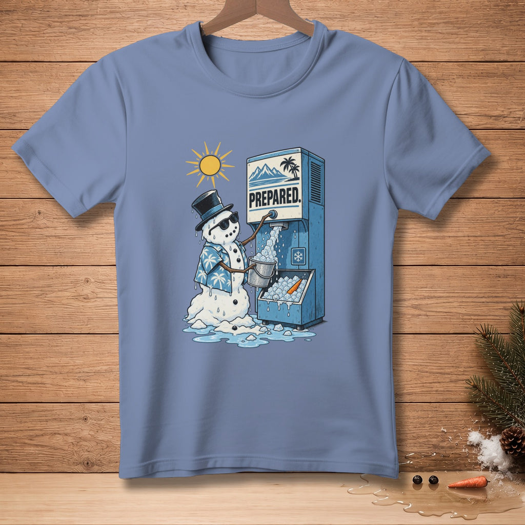 Snowman in Hawaiian shirt and top hat using an ice machine labeled "PREPARED".