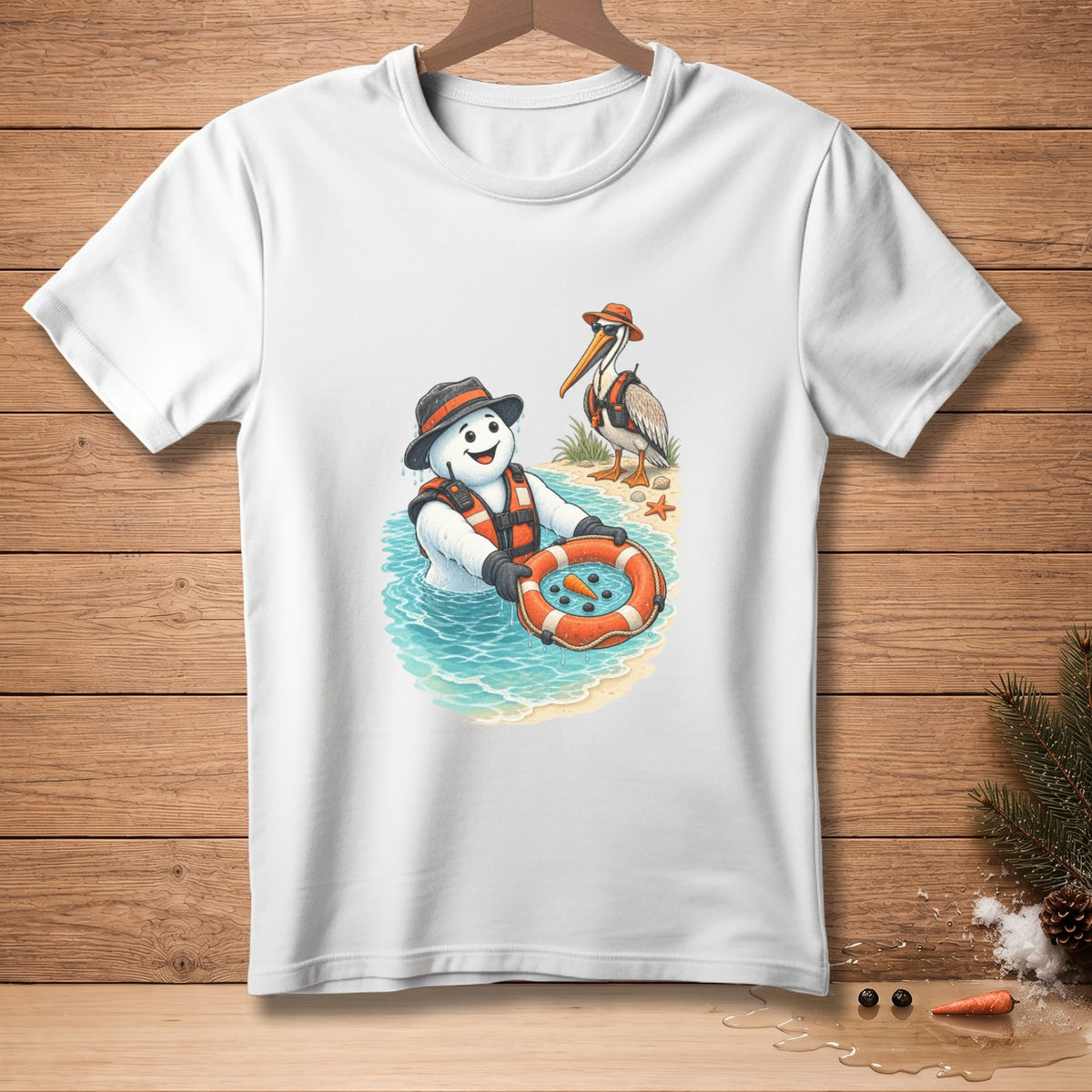 Snowman in water with life preserver, pelican on beach, cartoon beach scene.