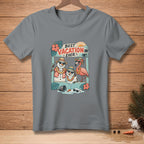 Gray t-shirt featuring snowmen and a flamingo on a tropical vacation.