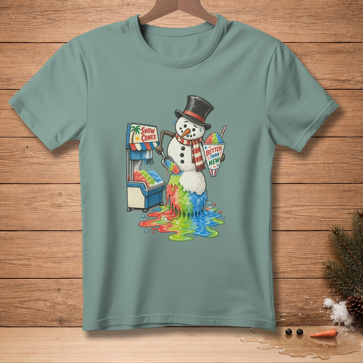 Melting snowman with snow cone machine and "Better Than New" cup.