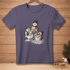 Melting snowmen sit at a table eating soup with "Who's Laughing Now?" on the bowl.