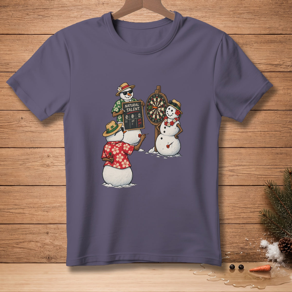 Three snowmen play darts, one holding a sign that reads "NATURAL TALENT."