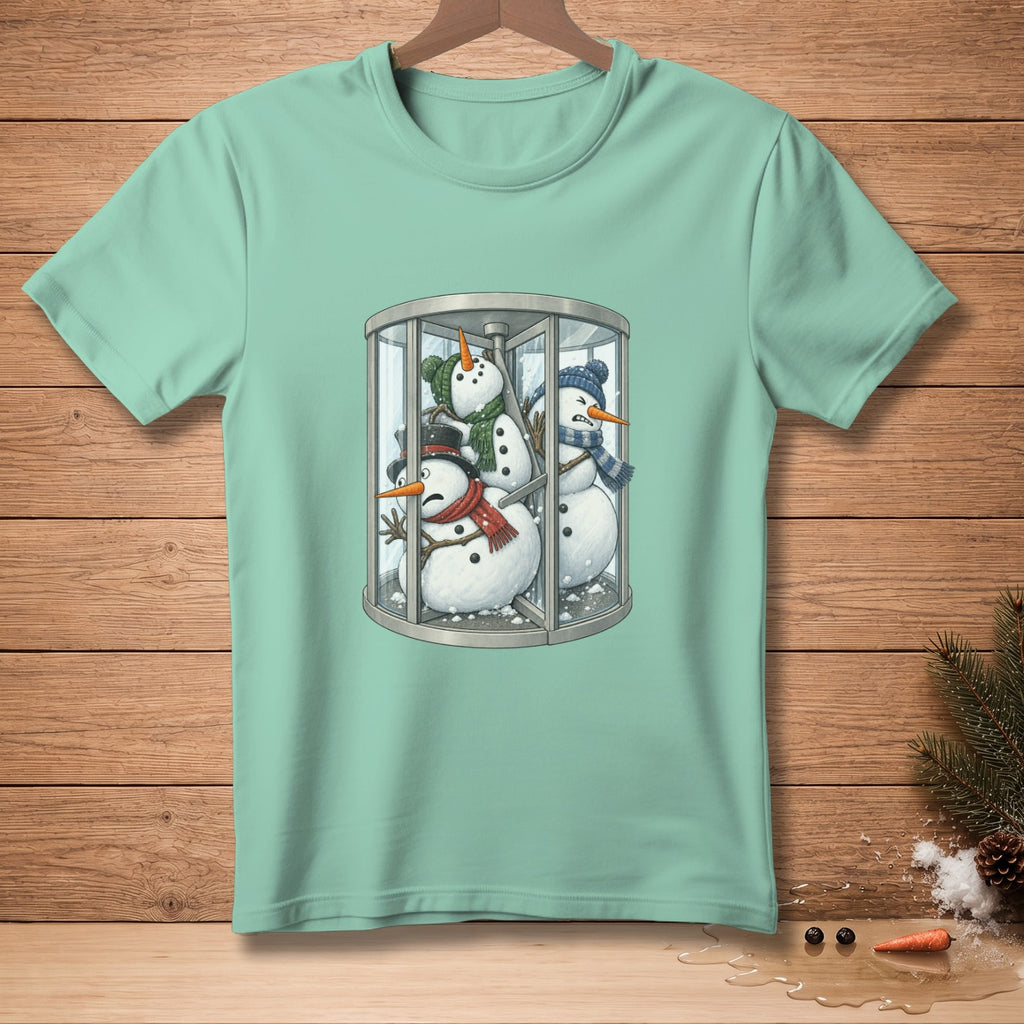 Three snowmen are stuck in a revolving door, one wearing a hat and scarf.