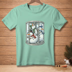 Three snowmen are stuck in a revolving door, one wearing a hat and scarf.