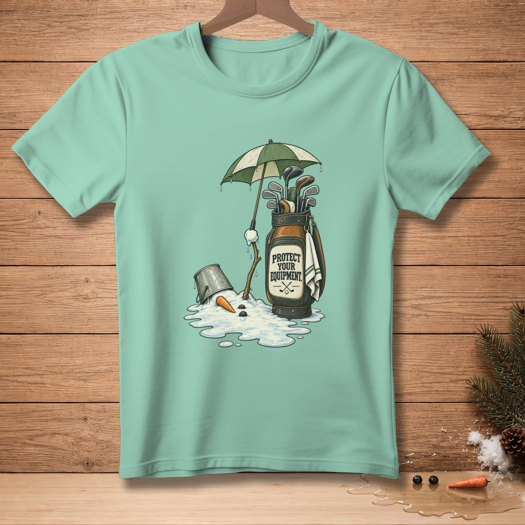 T-shirt graphic: melting snowman, golf bag, umbrella, and text "PROTECT YOUR EQUIPMENT".