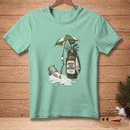 T-shirt graphic: melting snowman, golf bag, umbrella, and text "PROTECT YOUR EQUIPMENT".