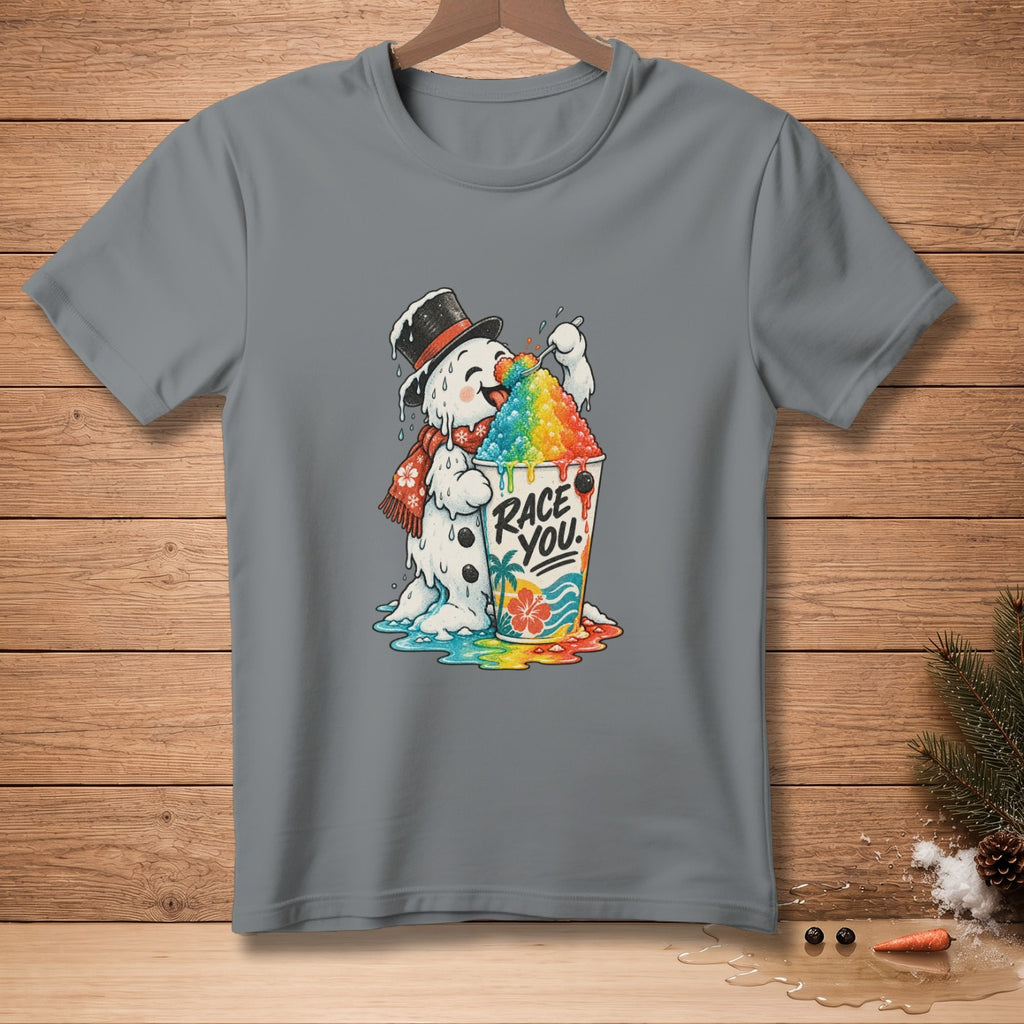 Melting snowman in a hat and scarf holding a rainbow snow cone cup with "Race You."