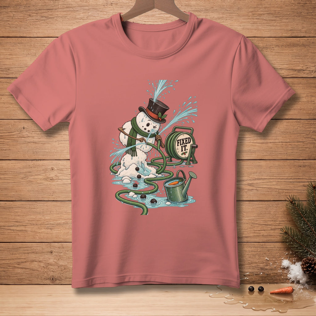 Snowman with hose and watering can, text "FIXED IT." on reel.