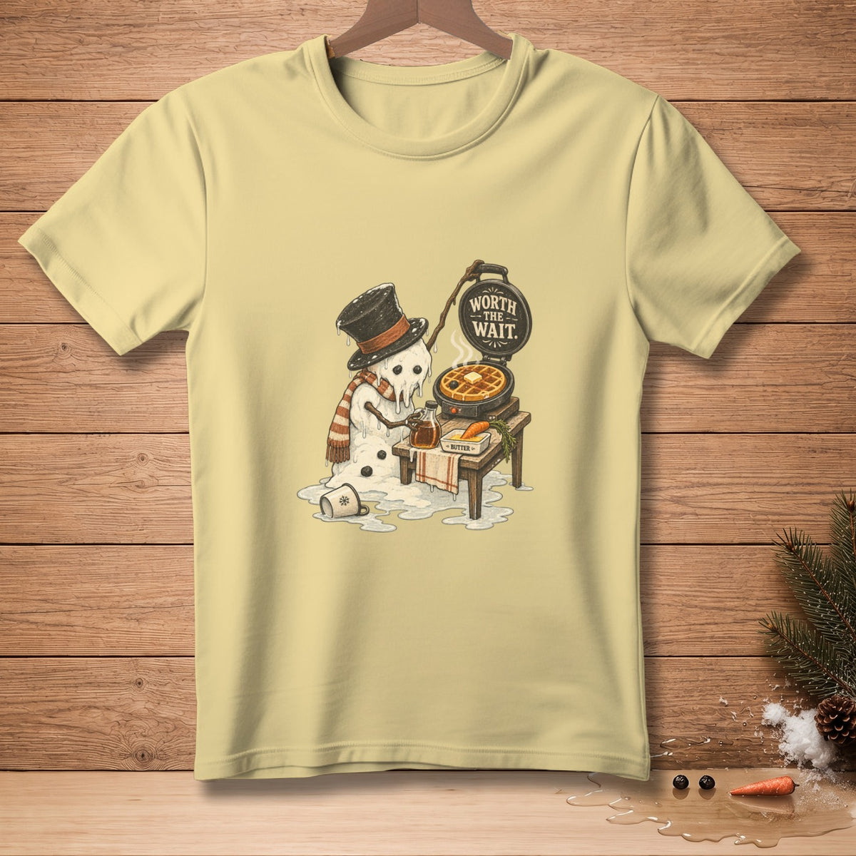 Melting snowman wearing a top hat and scarf makes waffles with text "Worth the Wait."